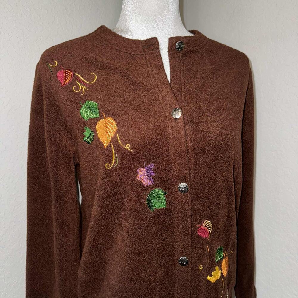 Chicos Cardigan Sweater Womens Small Brown Embroidered Leaf Button Front Teacher
